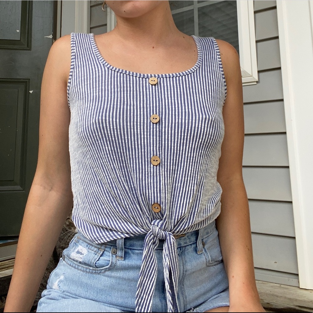 striped tie front tank top